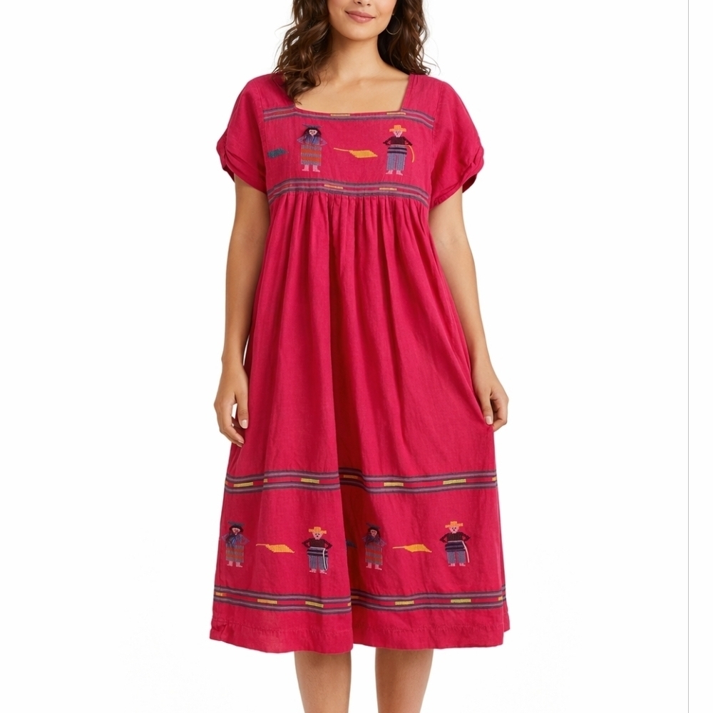 Village Imports Mexican Embroidered Cotton Folk Art Midi Dress Small Pink